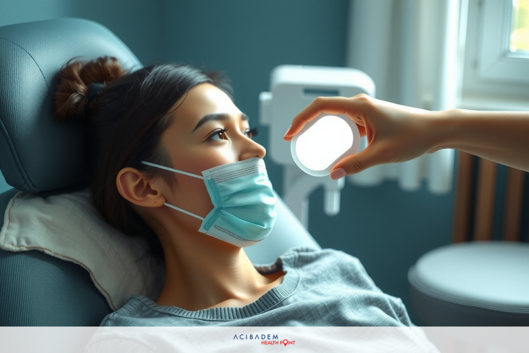 The image shows a woman seated in a medical chair, wearing protective eyewear and a surgical mask over her mouth.