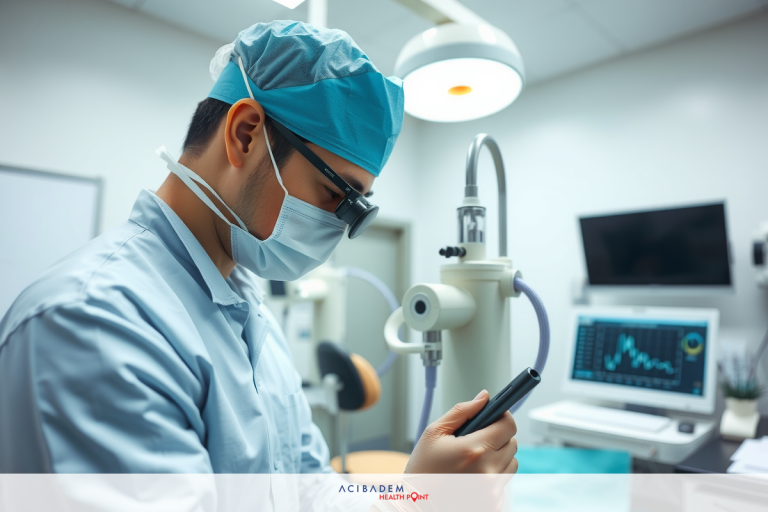 A man wearing a medical lab coat and face mask, holding a tool, looks at it. The room contains a medical device with tubing and screens showing various readings, suggesting a technologically advanced diagnostic environment.