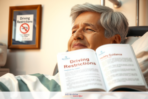 A man lying in a hospital bed, reading a book about driving restrictions. The book is titled 'Driving Restrictions'. The hospital setting is indicated by the presence of a hospital bed and a no driving sign.